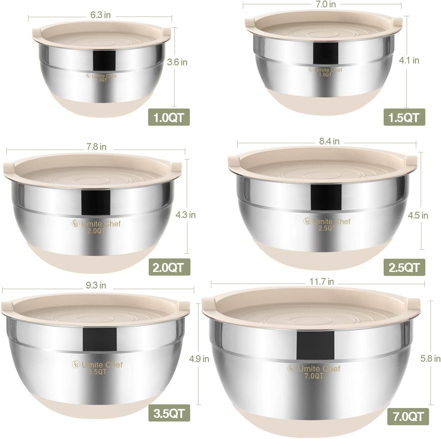 Mixing Bowls with Airtight Lids, 6 piece Stainless Steel Metal Nesting Storage Bowls, Non-Slip Bottoms Size 7, 3.5
