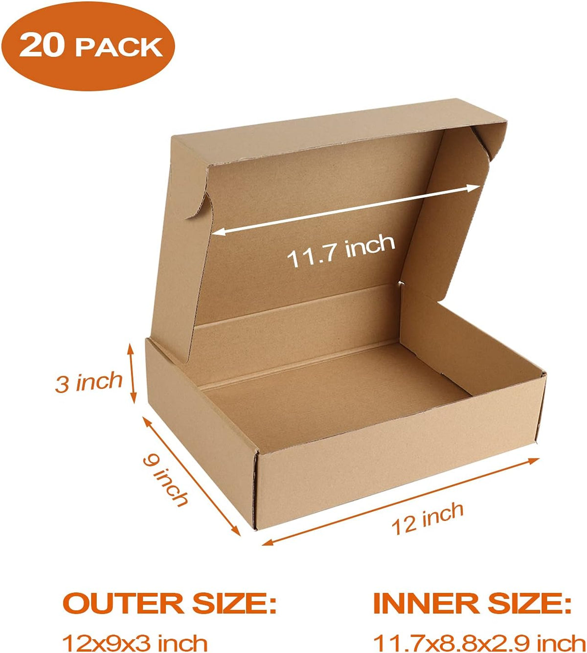 20 Pack 12x9x3 inch Cardboard Shipping Boxes, Brown Mailing Box