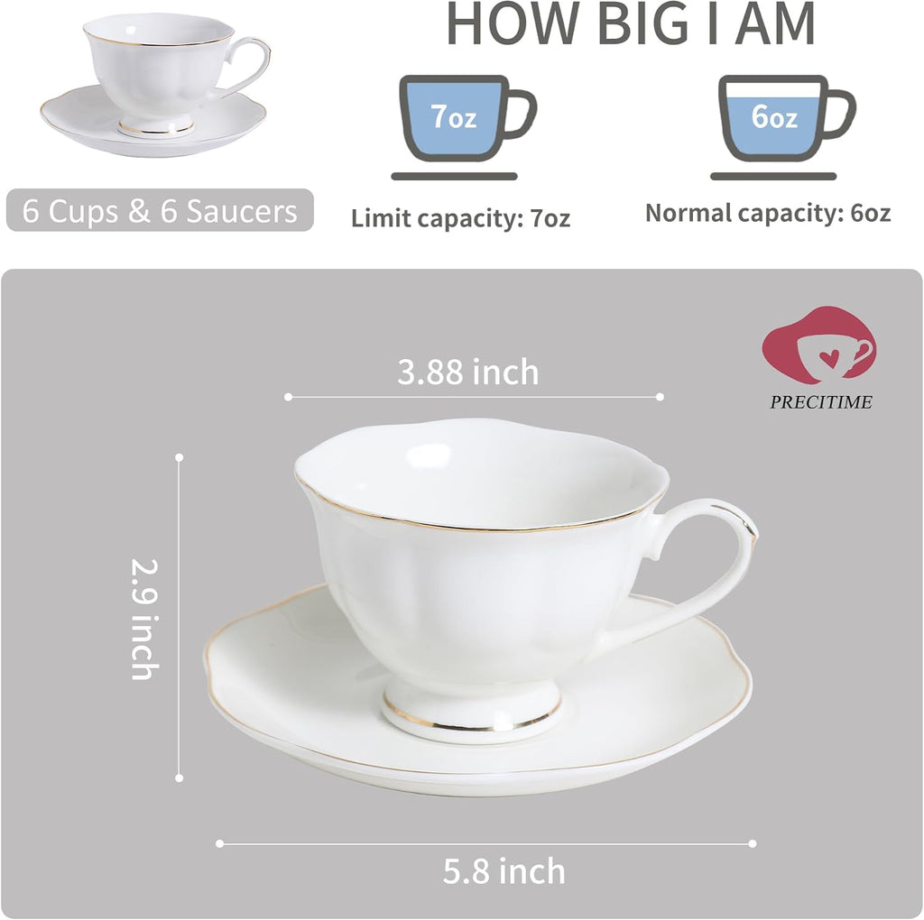 6oz Porcelain Tea Cup & Saucer Set of 6, White with Gold, Party