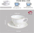 6oz Porcelain Tea Cup & Saucer Set of 6, White with Gold, Party