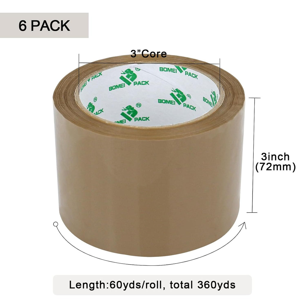 3 inch Brown Packing Tape, 6 Refills Rolls Wide Packaging Tape for Moving, Shipping and Storage, 2.4 Mil x 60 Yards