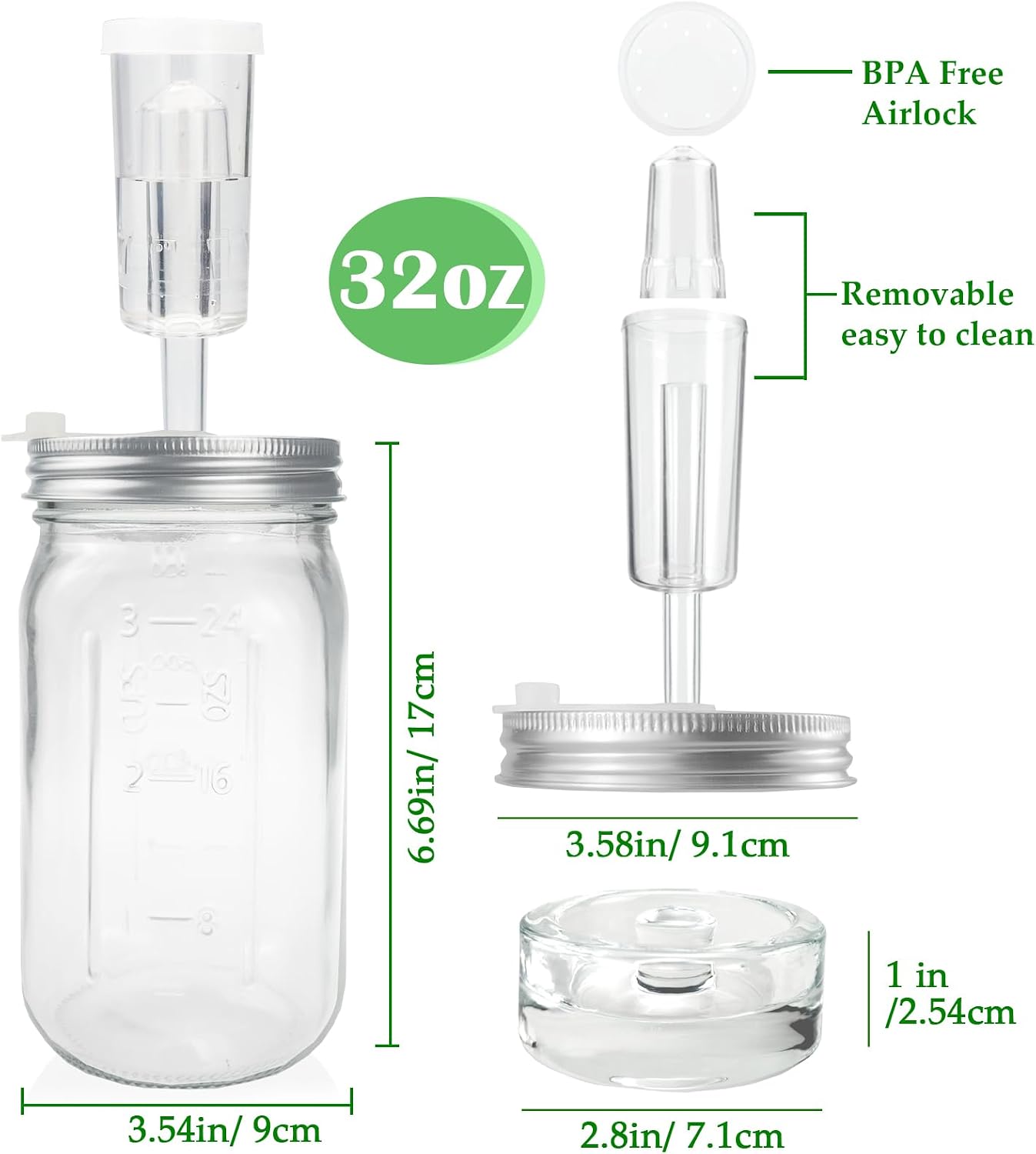 32 oz Mason Jar Fermentation Kit, 2 Pack Fermentation Jars, Fermentation Lids, Fermenting Weights and Airlocks