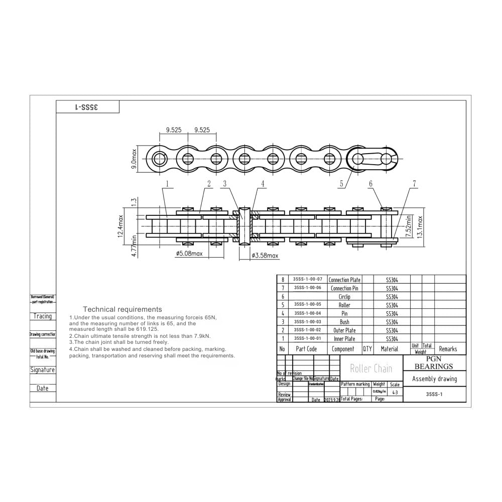 PGN #35SS Stainless Steel Roller Chain - 10 Ft + 2 Free Links - 319 Links