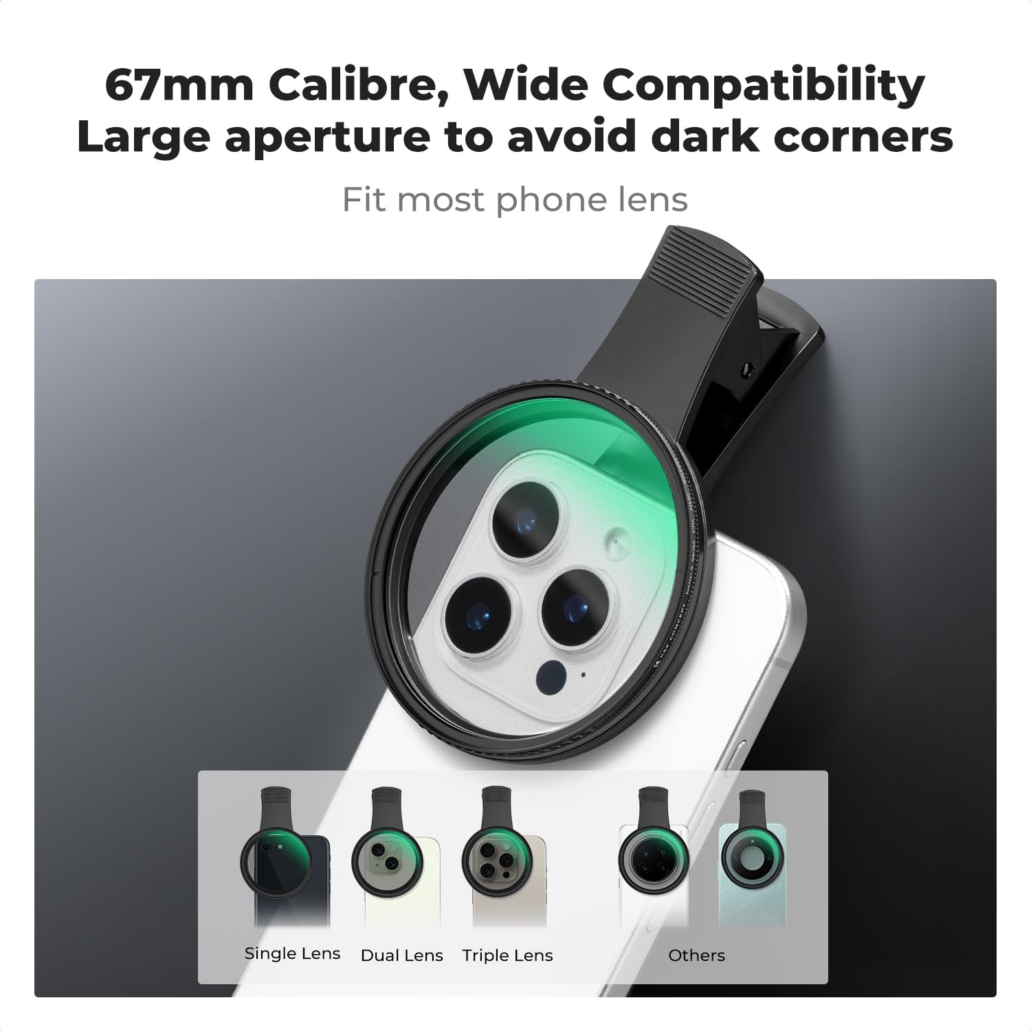 67mm Clip-on CPL Phone Camera Lens Filter Kit | Circular Polarizer Polarizing Filter Compatible with iPhone 17 16 15