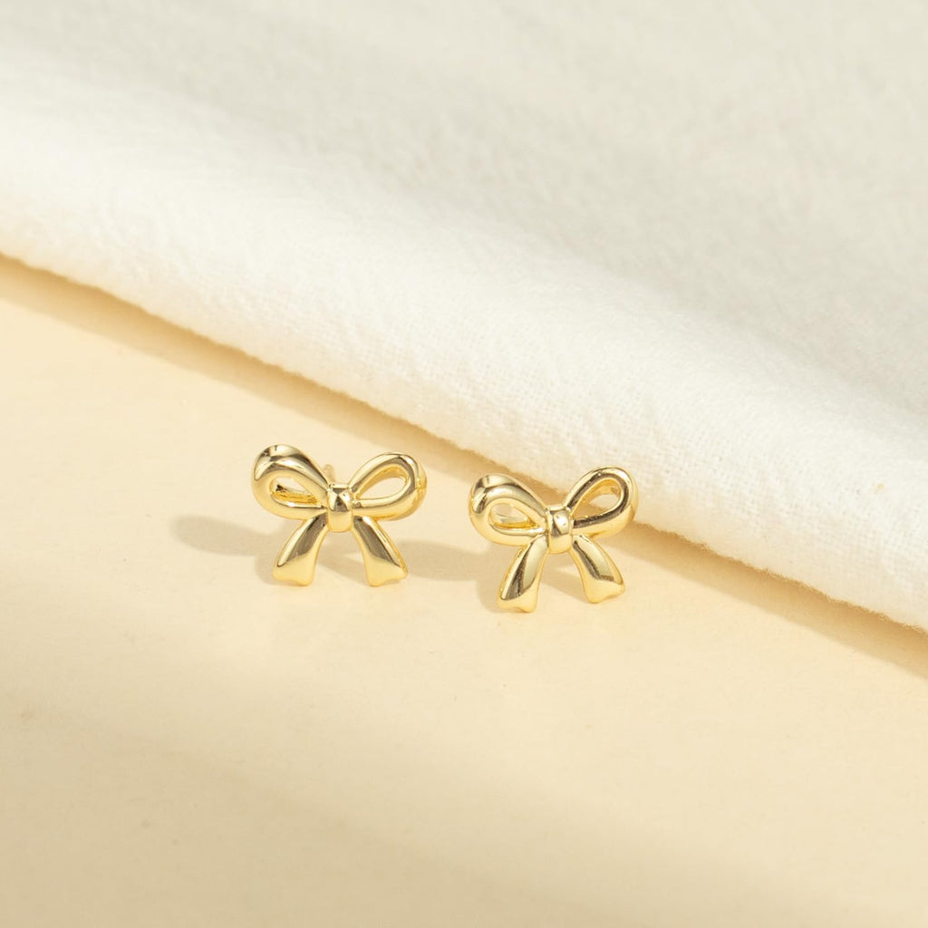 Gold Earrings for Women, 14k Gold Plated Bow Ribbon Earrings Hypoallergenic Non-Tarnish Dainty Cute Stud Tragus