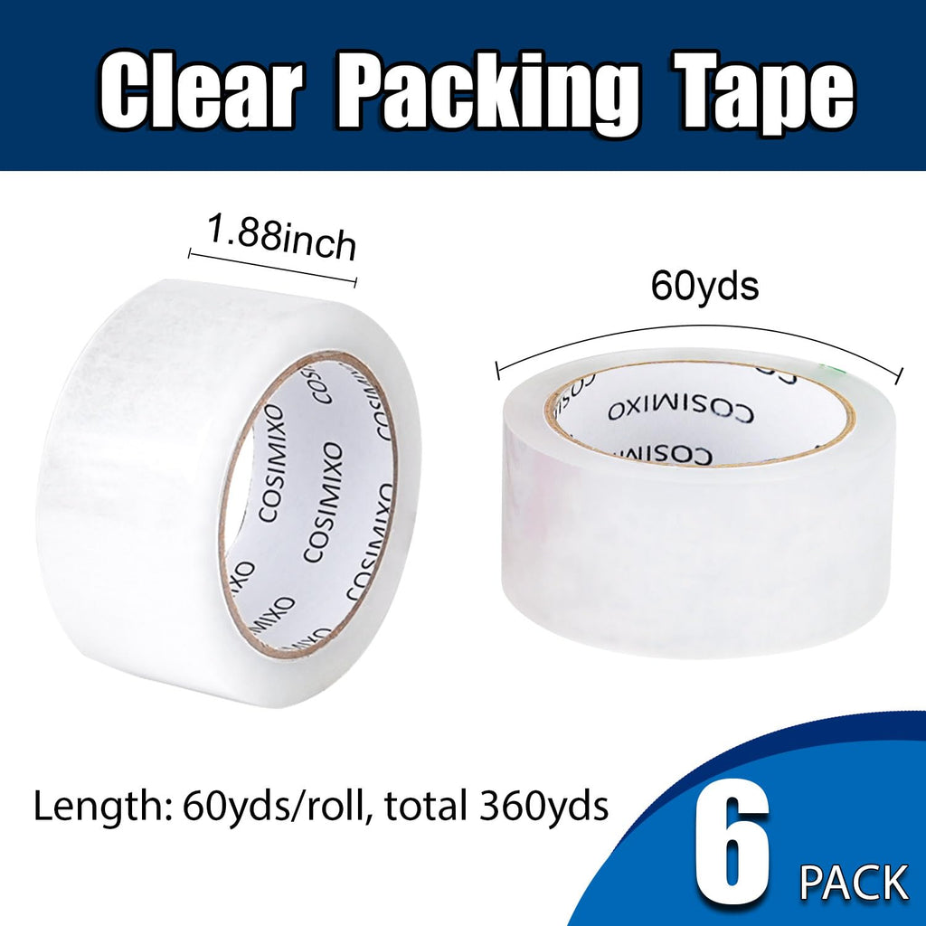 Heavy Duty Packing Tape 2.7mil x 1.88" x 60 Yards, 6 Rolls,Industrial 3" Core, Clear, Great for Packing, Shipping &