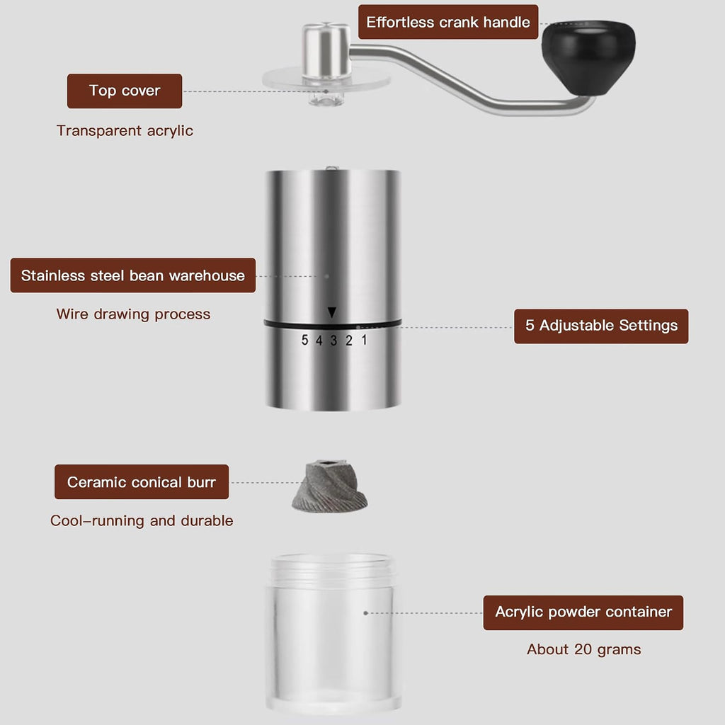 Manual Coffee Grinder, 5 External Settings, Ceramic Conical Burr | External adjustment ring for quick grind changes;