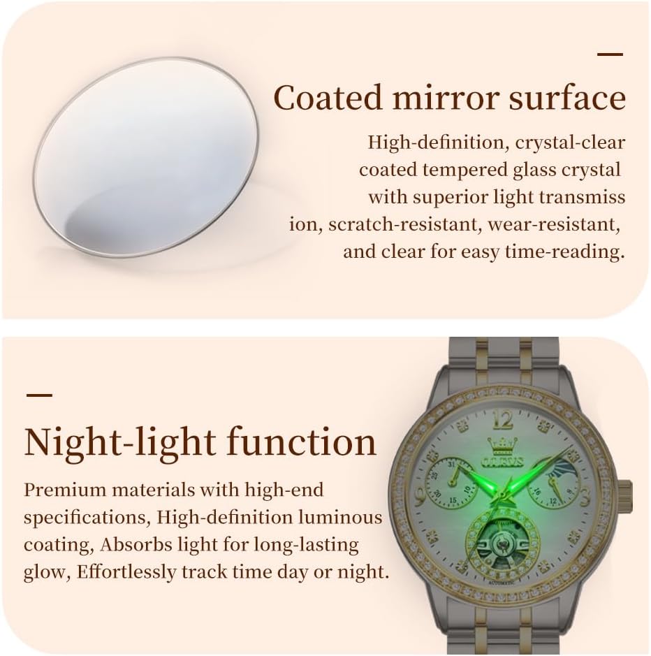 Womens Mechanical Watch Diamond Tourbillon Elegant Dress Stainless Steel Waterproof 30M Luminous Ladies Watches Set Gift