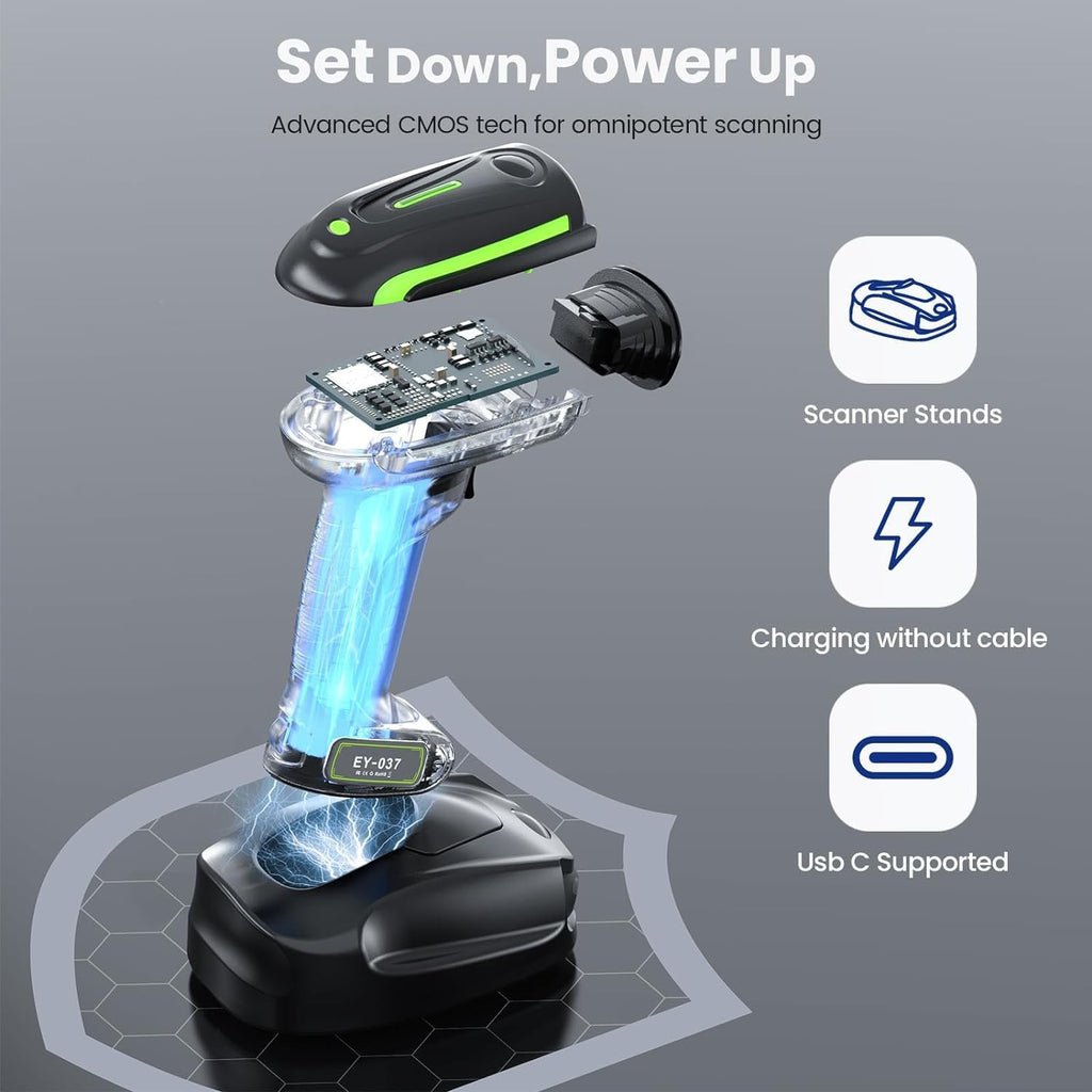 2D QR Industrial Barcode Scanner with Wireless Charging Stand | Rugged Heavy Duty&IP65 Waterproof, 3-in-1