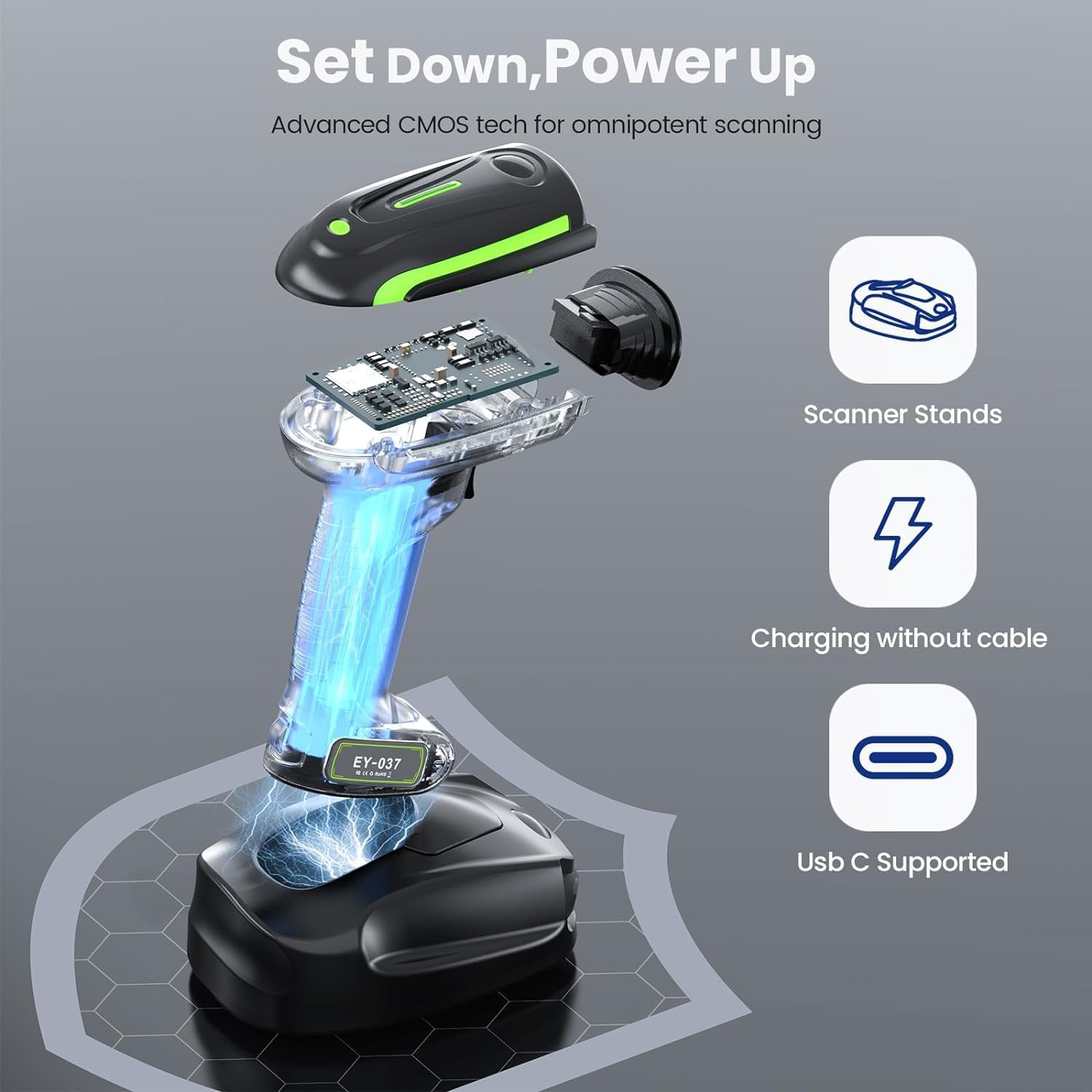 2D QR Industrial Barcode Scanner with Wireless Charging Stand | Rugged Heavy Duty&IP65 Waterproof, 3-in-1