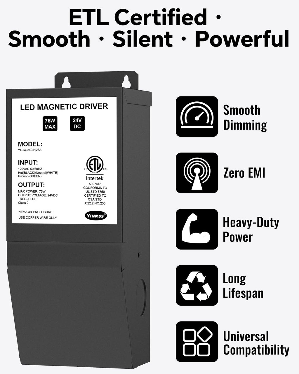 24V 75W Magnetic Dimmable LED Driver, 120VAC to 24VDC Transformer