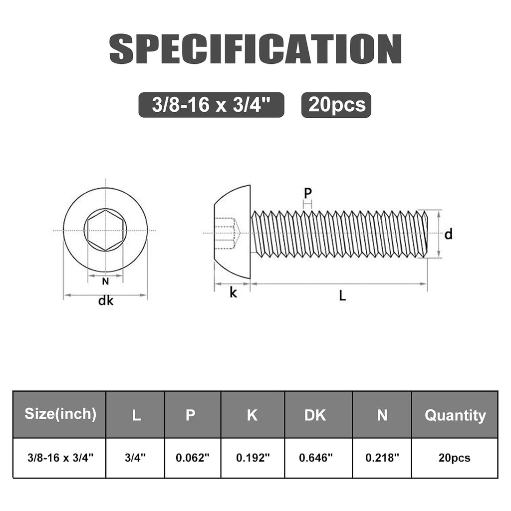 VGBUY 20Pcs 3/8-16 x 3/4" Button Head Socket Cap Bolts Screws, 304 Stainless Steel 18-8, Allen Hex Drive, Bright Finish, Fully Threaded, Hex Spanner Included