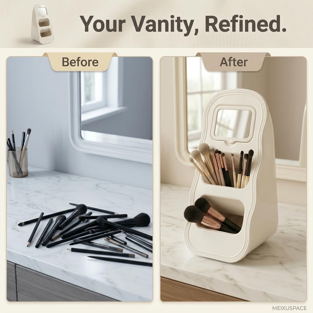 Makeup Brush Holder with Mirror, Wavy Vanity Cosmetic Organizer