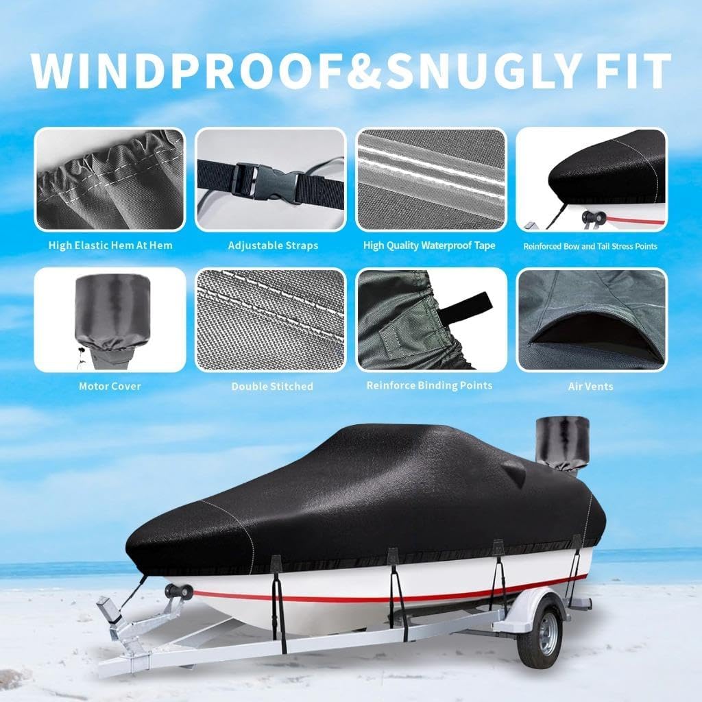 Boat Covers 16-18.5ft, Heavy Duty 800D PU Waterproof Trailerable Marine Grade Polyester Canvas, UV Resistant Bass