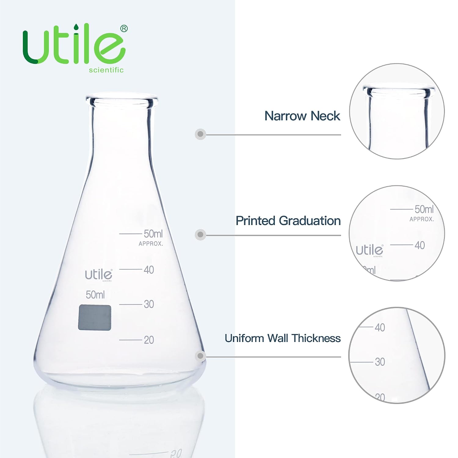 Glass Erlenmeyer Flask Set, 50ml Narrow Mouth Erlenmeyer Flasks, 6pcs of Borosilicate 3.3 Glass Conical Flasks for