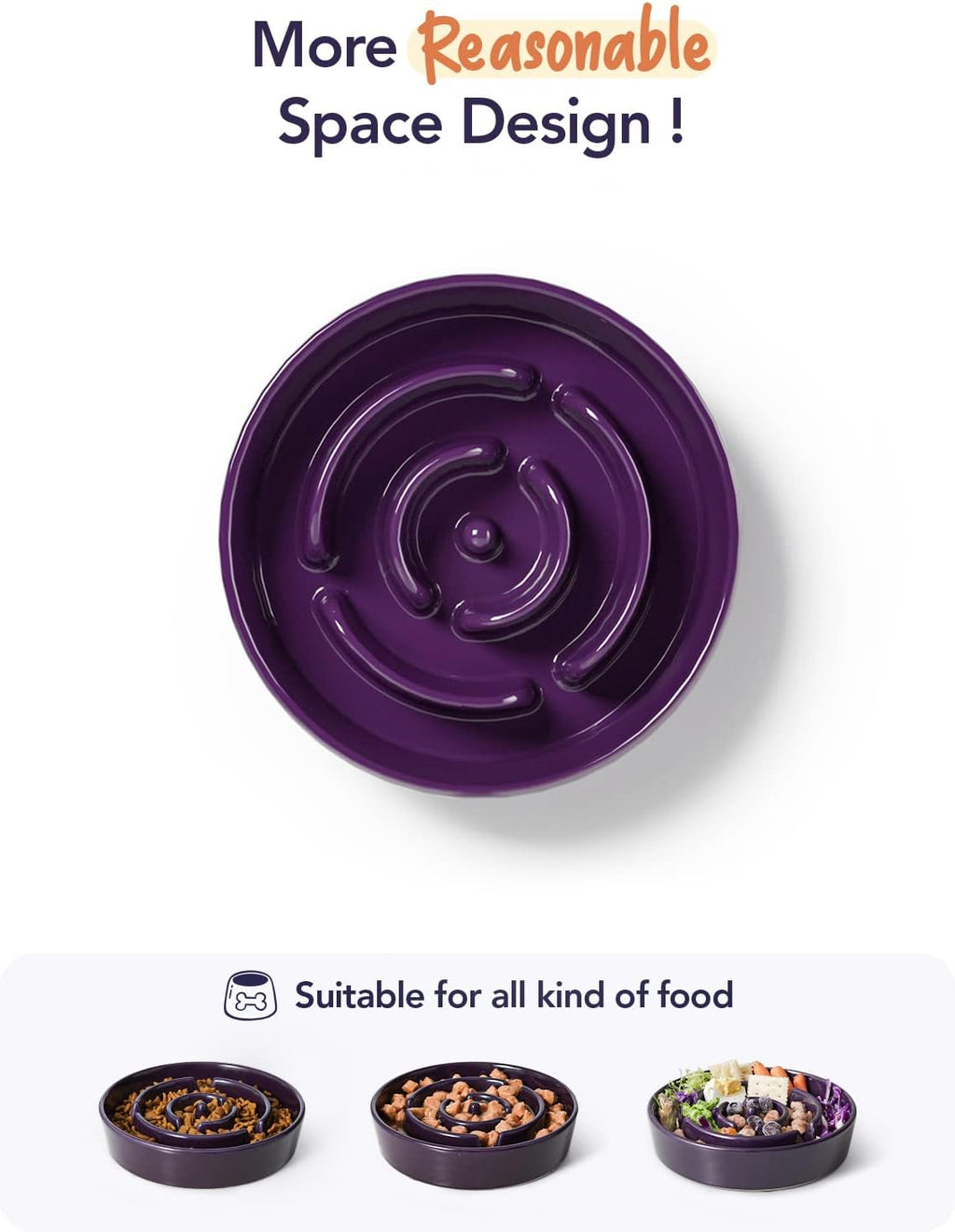 Ceramic Slow Feeder Dog Bowls Elevated, 3 Cup Raised Bowl with Wooden Stand for Medium Large Breed, Slow Down Eating