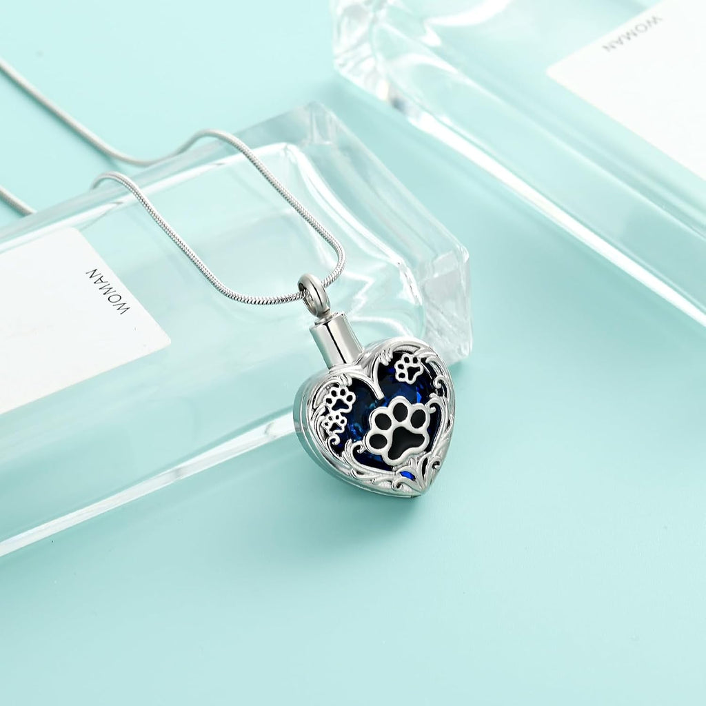 Heart Urn Necklace For Ashes Birthstone Pet Memorial Jewelry Dog Paw Print Cremation Pendant Stainless Steel Keepsake