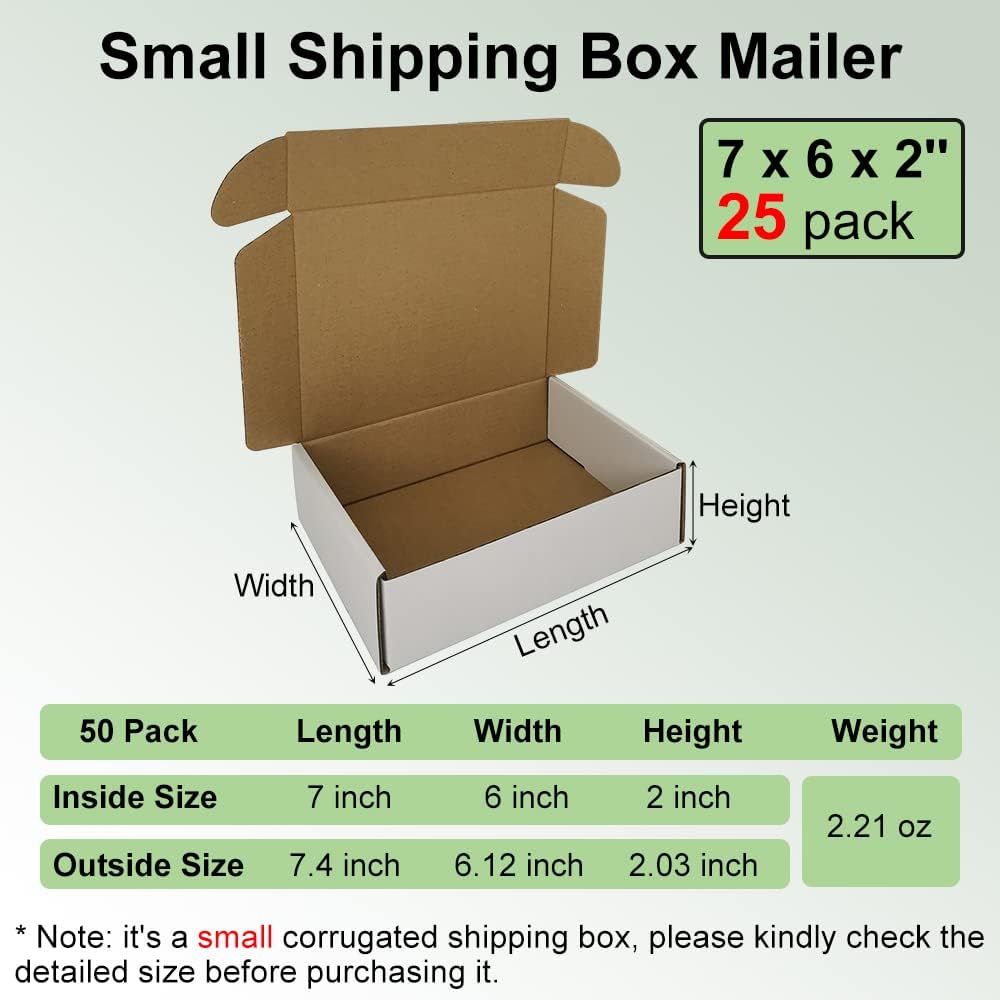 7x6x2'' Small Shipping Boxes 25 Pack, White Corrugated Cardboard Literature Mailers, Mailing Packaging Supplies for
