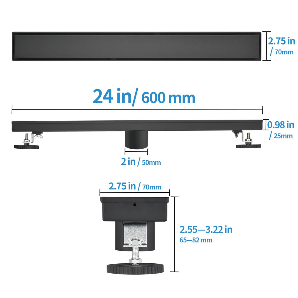 24‑Inch Linear Shower Drain, Matte Black Tile‑Insert Panel