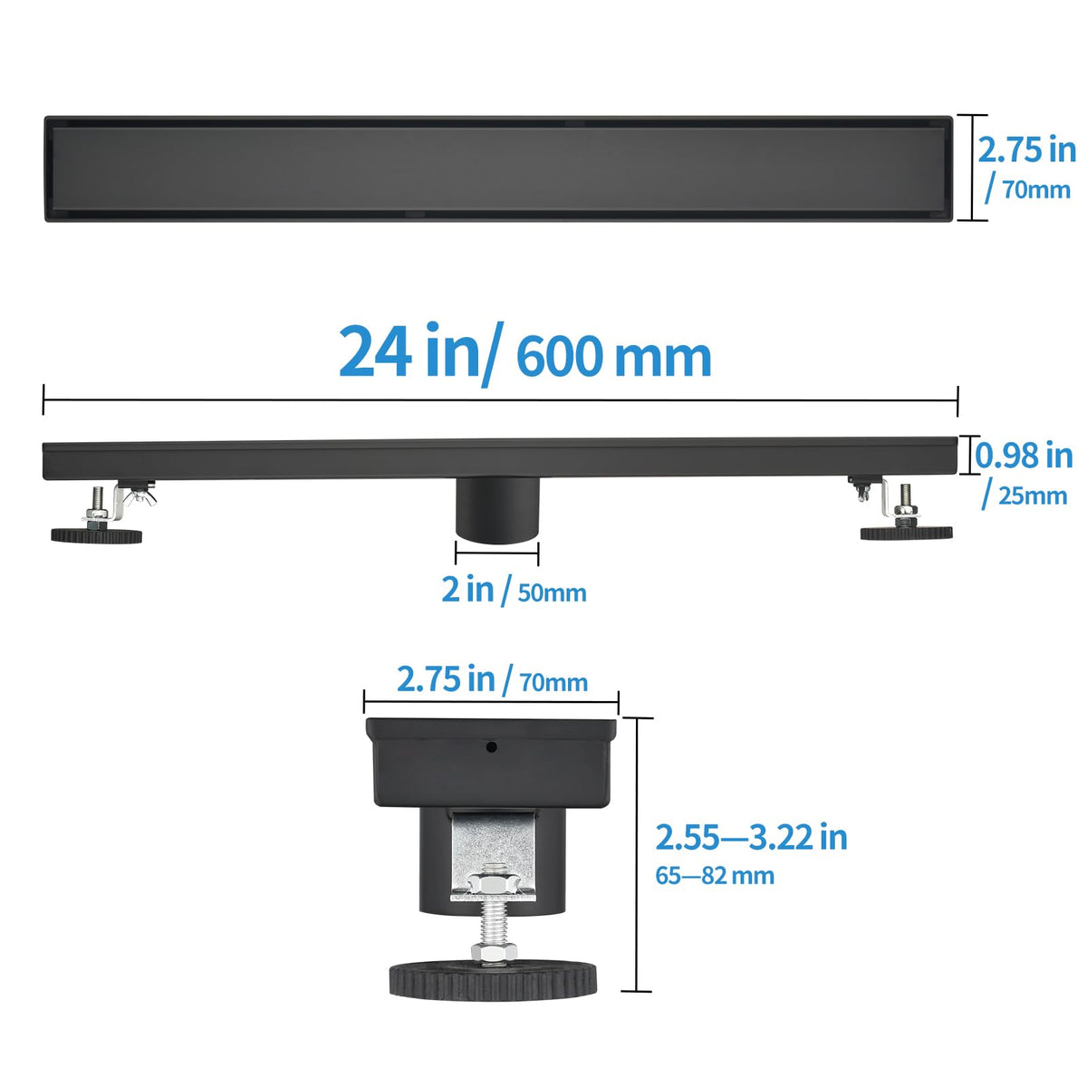 24‑Inch Linear Shower Drain, Matte Black Tile‑Insert Panel