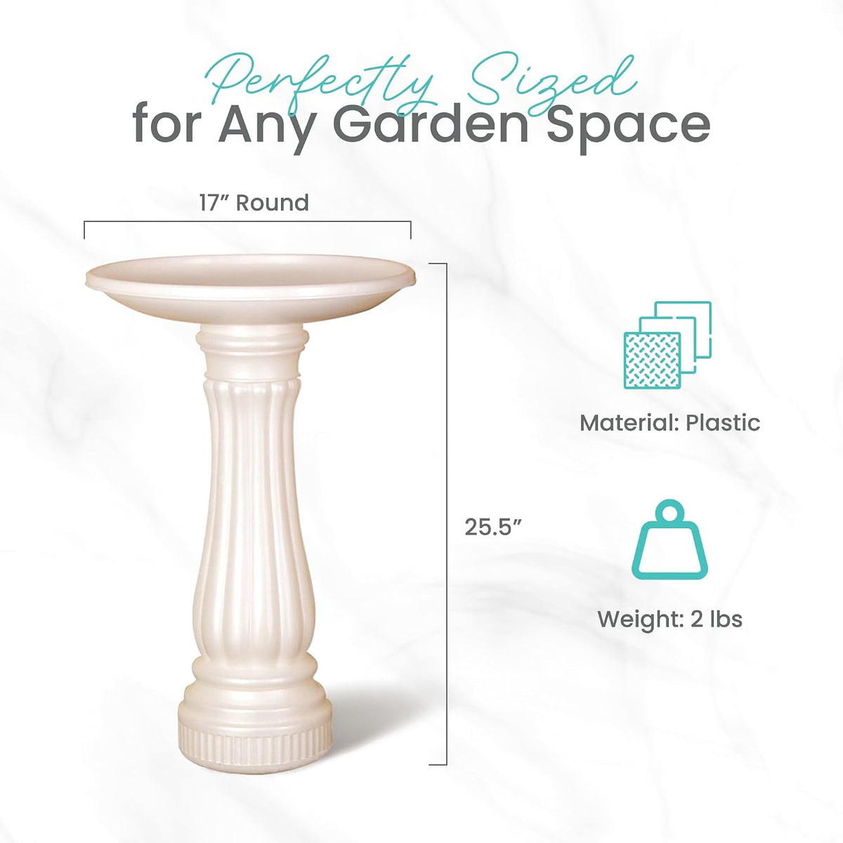 Round Outdoor Bird Bath, Fillable Base, 17" D x 25" H, White