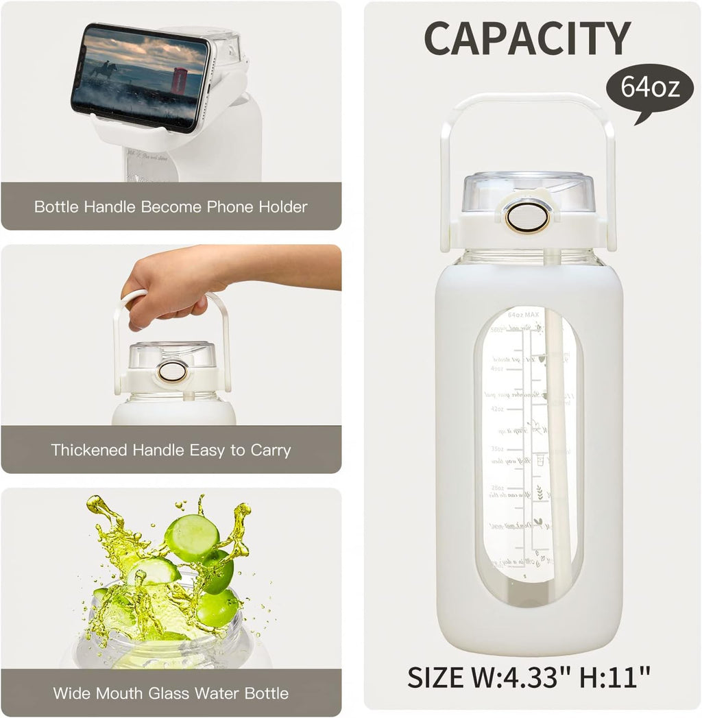 64oz Glass Water Bolttles with Straw Half Gallon Large Motivational Water Bottle with Time Marker Sports Water