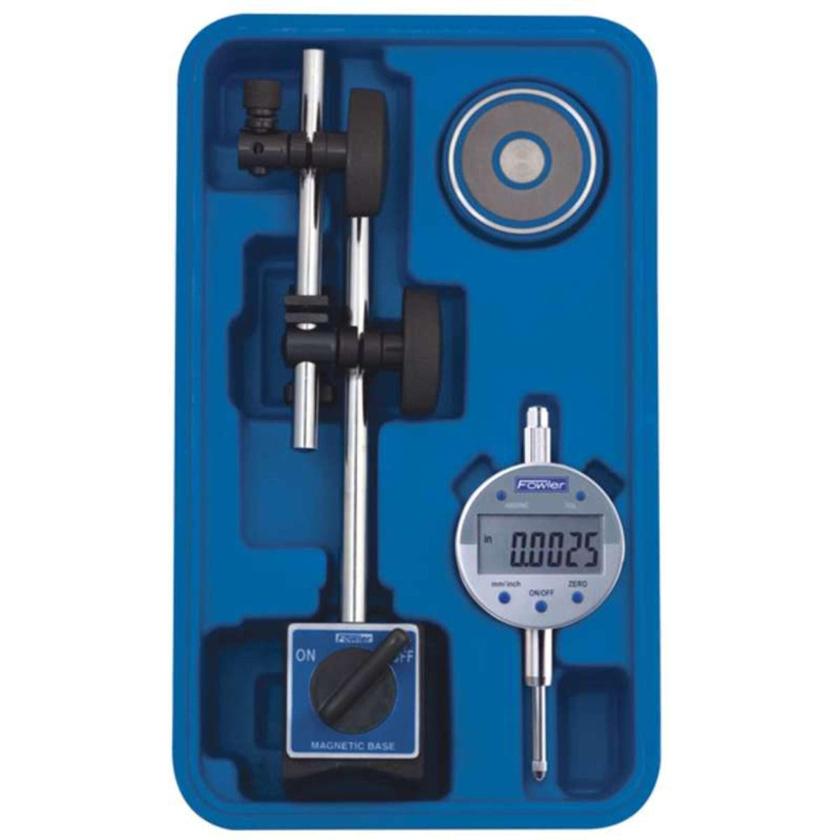 Fowler - 54-585-075-0 54-585-075 Fine Adjust Magnetic Base with Indi-X Blue Electronic Indicator Set, 0.0005" Indicator Resolution, 85 lb. Pull Magnet