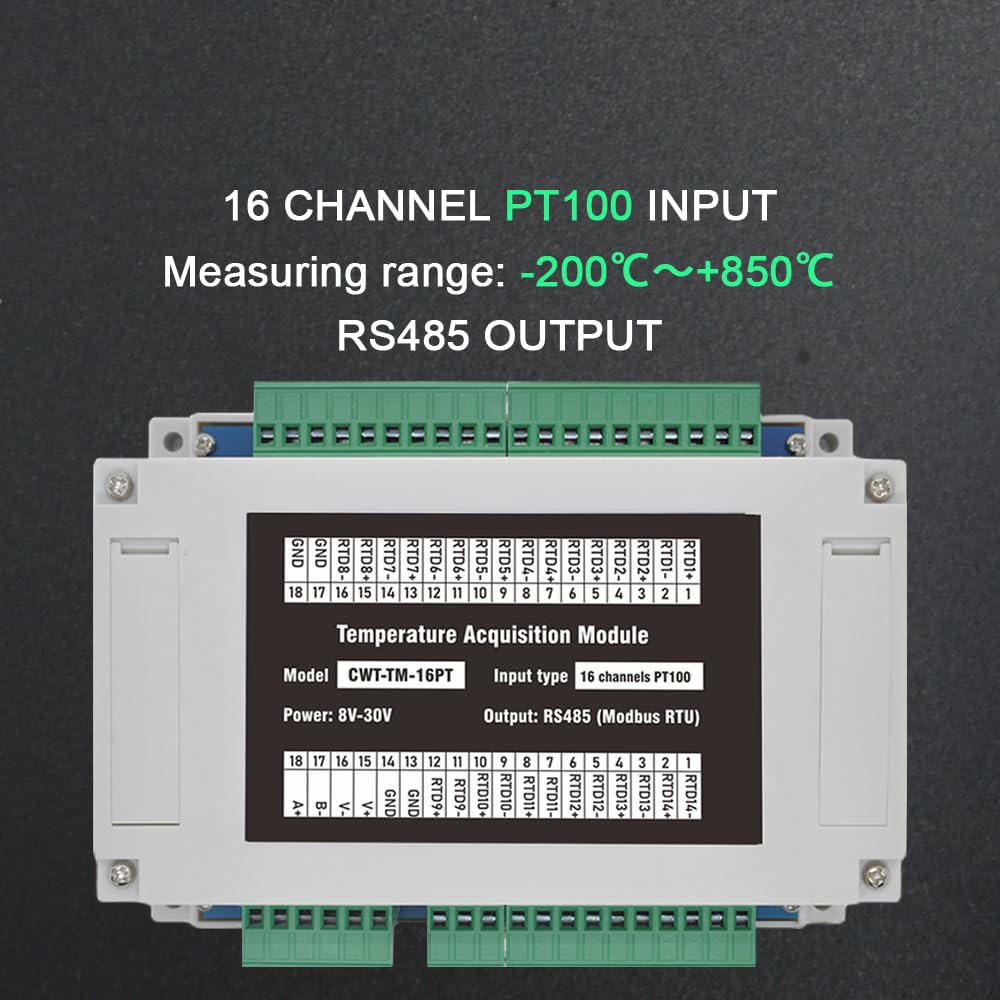 16 Channels PT100 Rs485 Modbus Output Temperature Acquisition Module