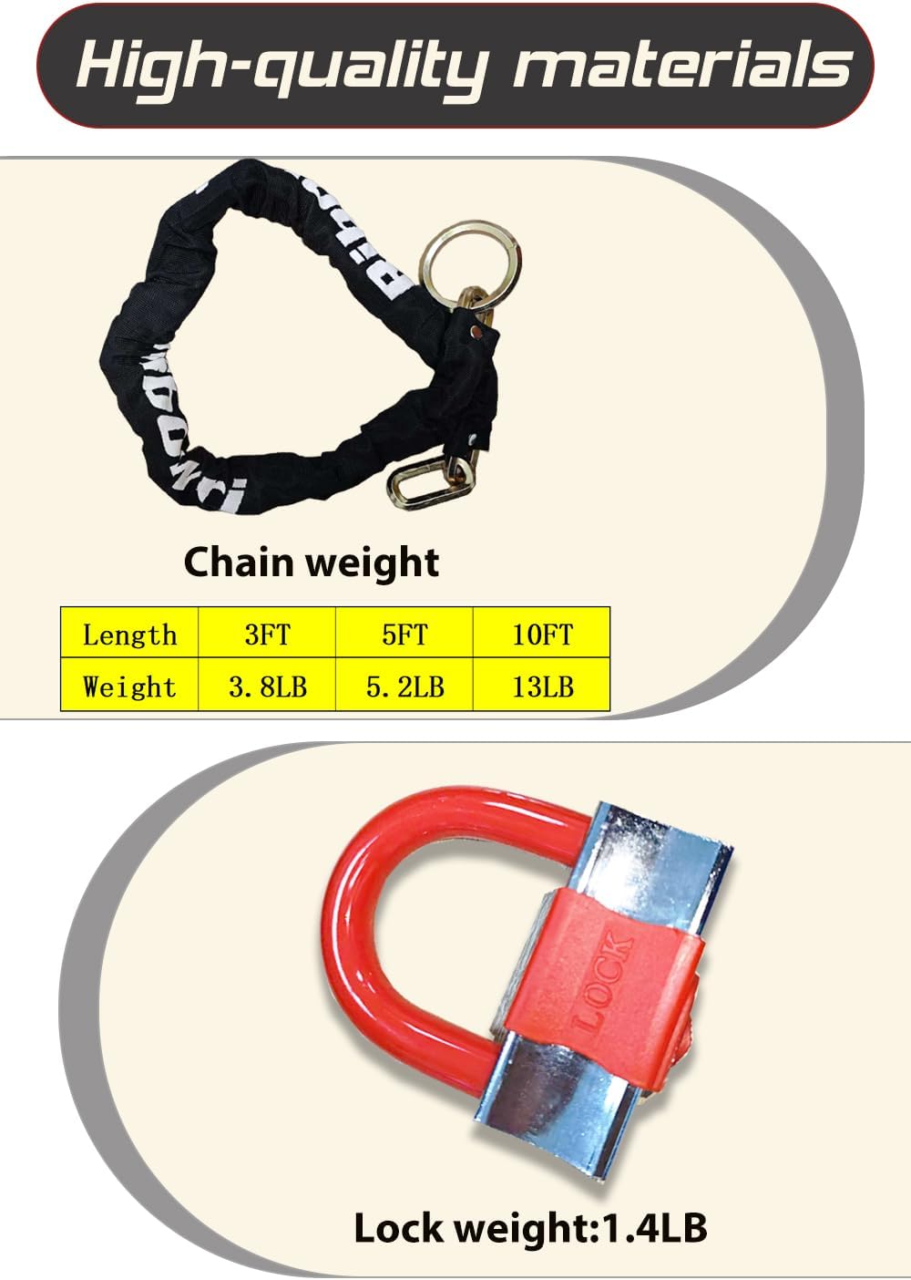 Heavy Duty Motorcycle Chain Lock, 10ft 10mm Thick Cut Resistant Security Chain with 16mm U-Lock & 3 Keys, Anti Theft