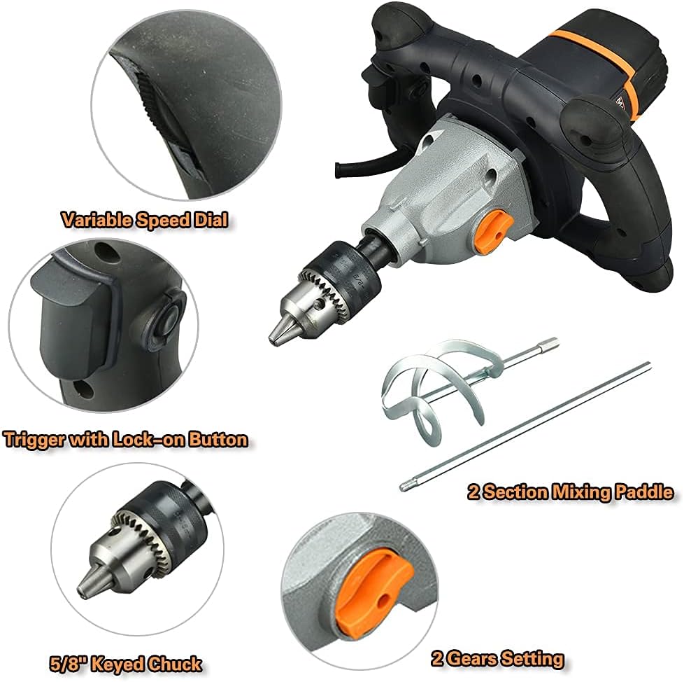 Mixer 13A Single Paddle Concrete Mortar Mixer, 5/8" Keyed Chuck, Soft Start, Come w/100mm Large Spiral Mixing Paddle