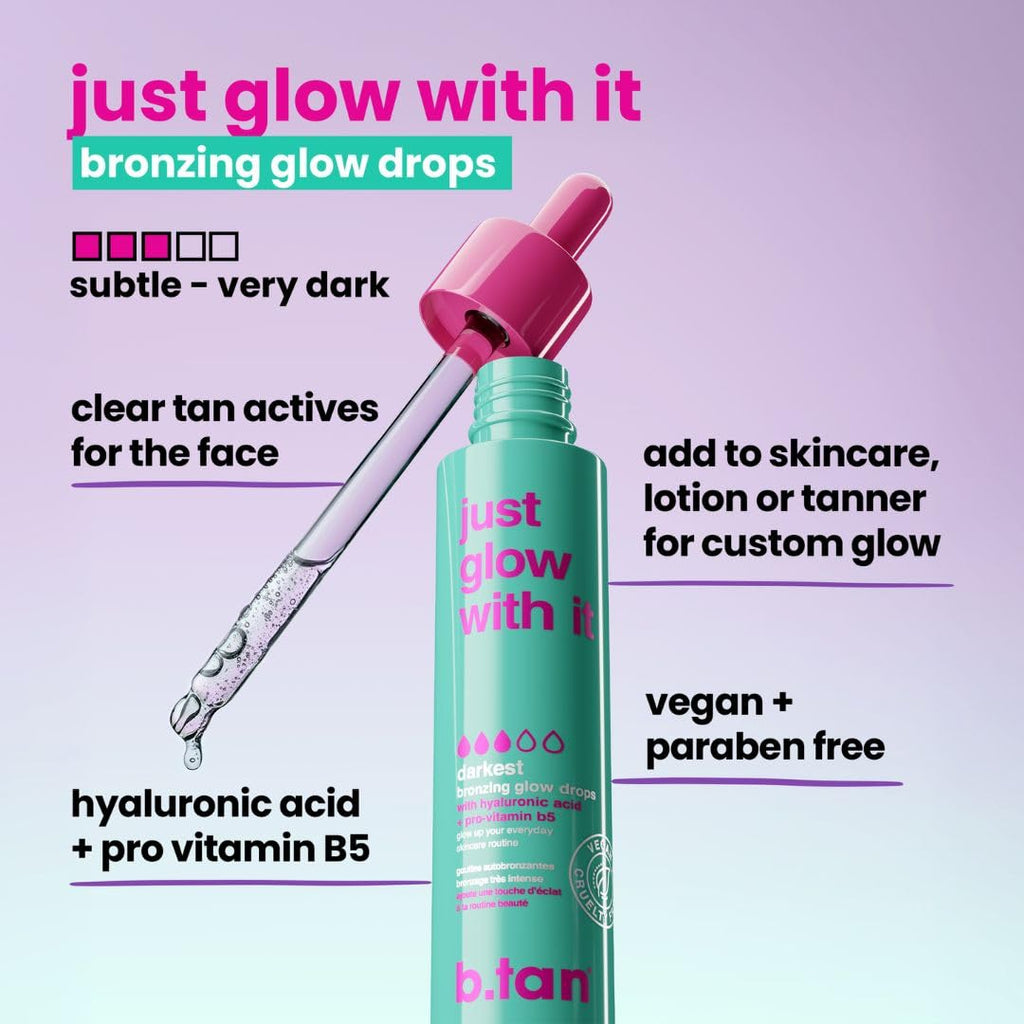 Dark Self Tanning Drops for Face & Body | Just Glow With It - Gradual Fake Tan Bronzing Serum Drop, Tanner Infused