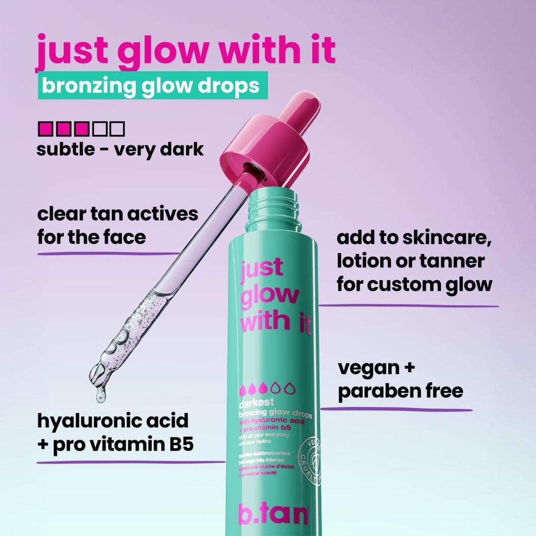 Dark Self Tanning Drops for Face & Body | Just Glow With It - Gradual Fake Tan Bronzing Serum Drop, Tanner Infused