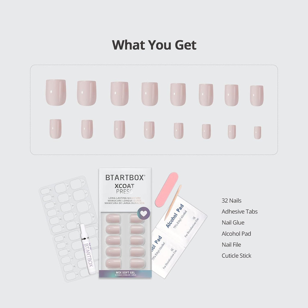 Press On Nails, Short Square Milky Pink Fake Nails, 32Pcs Full Kit