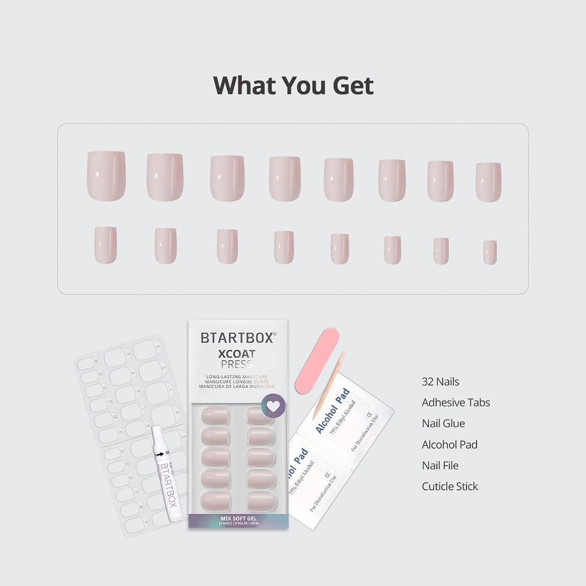 Press On Nails, Short Square Milky Pink Fake Nails, 32Pcs Full Kit