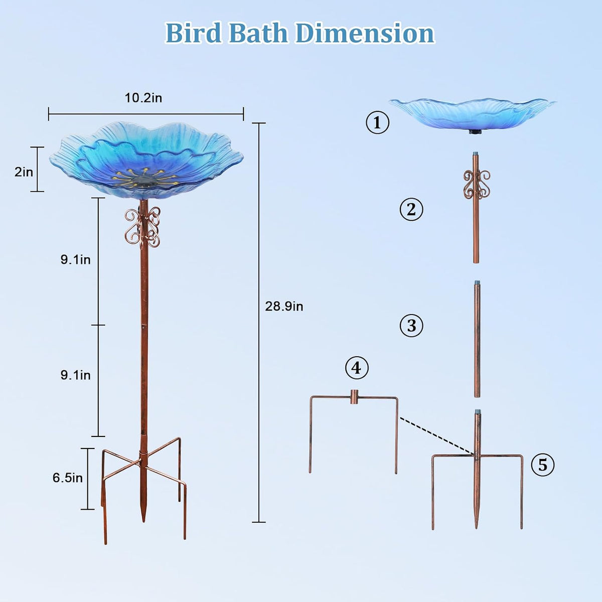 2 in 1 Floral Glass Bird Bath & Feeder - Hanging or Freestanding Outdoor Bird Bath with Sturdy 5-Pronged Base for