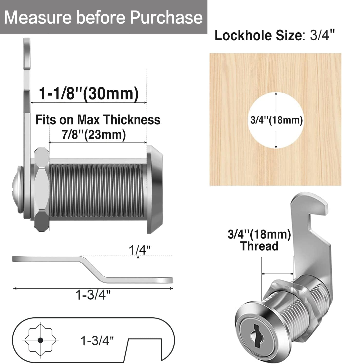 Cabinet Cam Locks Keyed Alike, 1-1/8'' Fits on 7/8'' Max Door Thickness, Secure File Drawer Mailbox RV Storage
