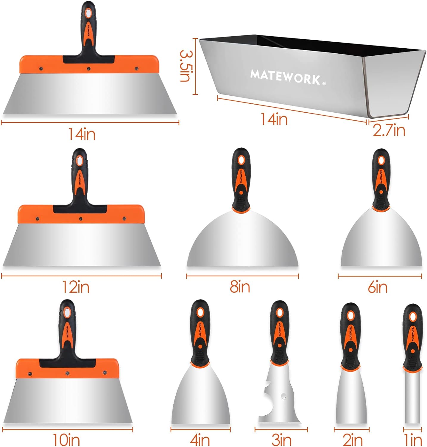 Putty knife,10 Piece Stainless Steel Paint Scraper Tool Set,14" Mud Pan for Repairing Drywall, Removing Wallpaper