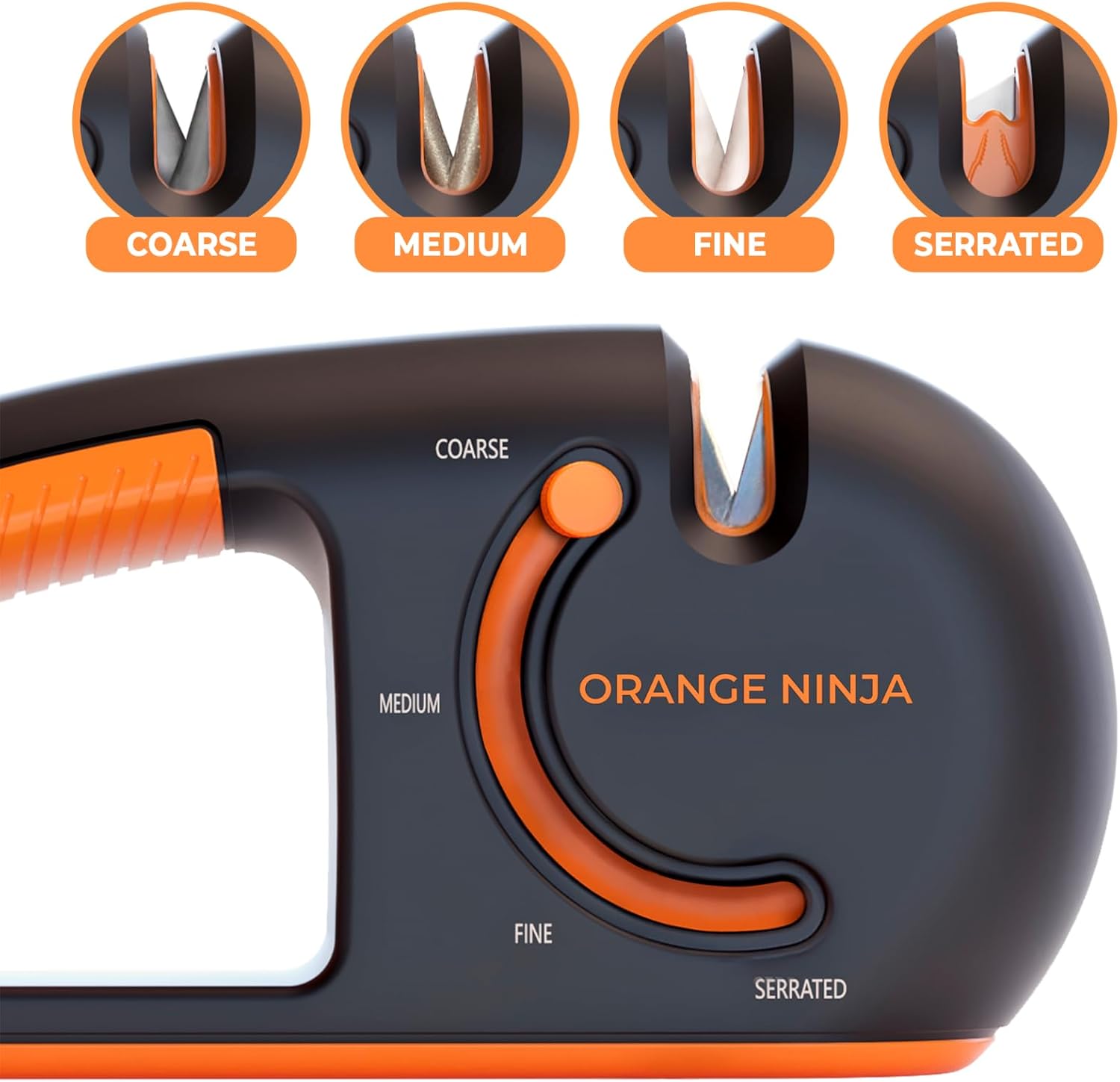 Orange Ninja 4-Stage Knife Sharpener & Serrated Knife Sharpener– Repairs, Sharpens & Polishes Blades with Ergonomic