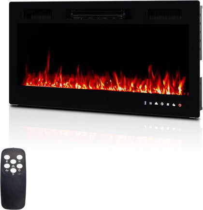 36 Inch Electric Fireplace with Remote, 1500W Wall Mounted & Recessed Fireplace with Timer, 12 Flame Color, 5