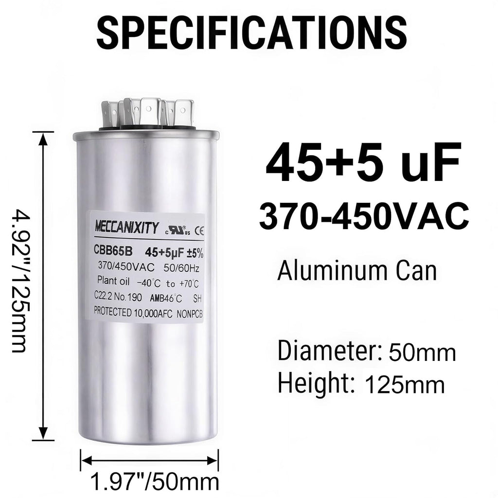 MECCANIXITY CBB65 Dual Run Start Capacitor 45+5UF 45/5MFD 2Set 4.92"x1.97"
