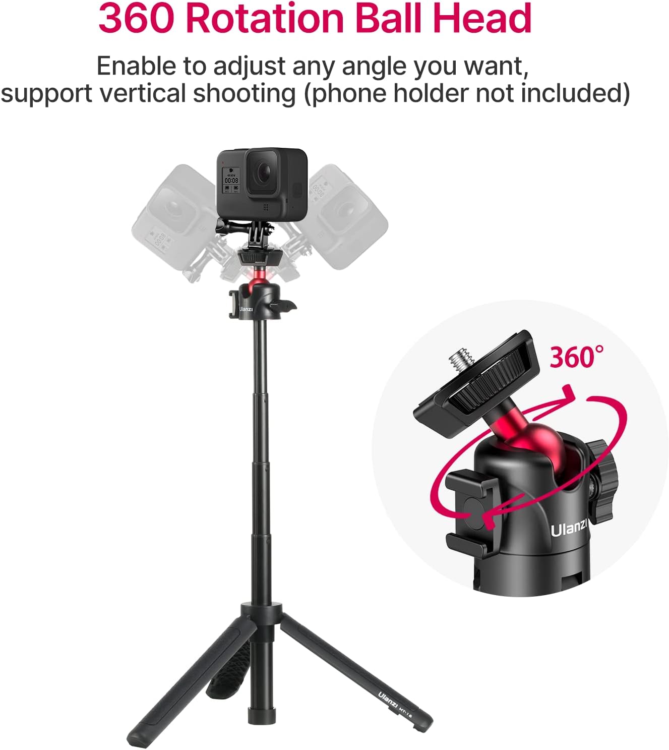 ULANZI MT-16 Extendable Mini Camera Tripod, 4 Levels Adjustment 360° Ball Head Cold Shoe Lightweight Portable Vlog