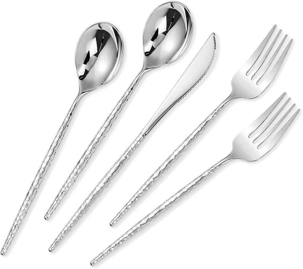 150PCS Silver Plastic Silverware, Disposable Utensils, Includes 50 Knives, Forks and Spoons, Hammered Silverware Set