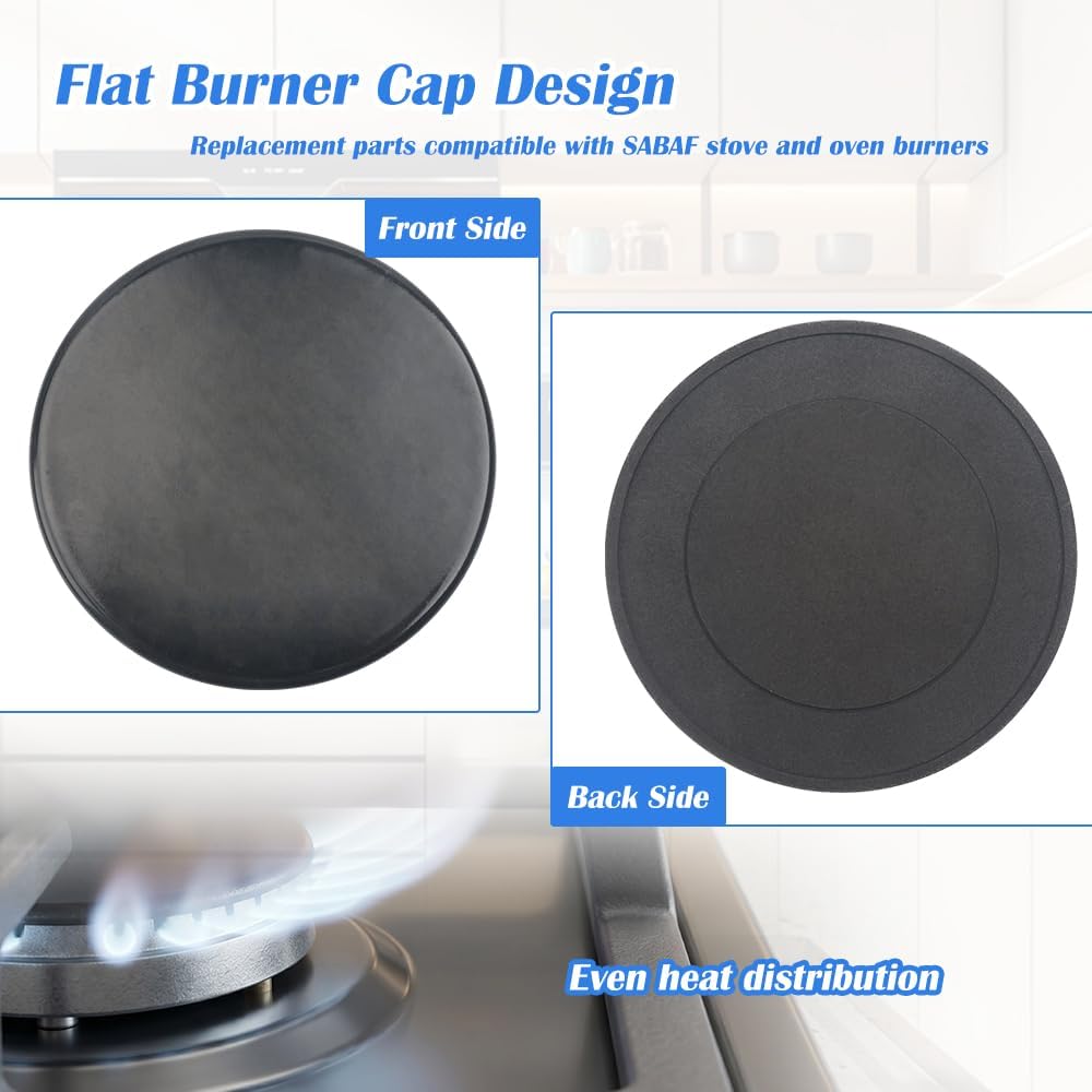 1 Pack Gas Stove Burner Cap Set, 3.93"(100mm) Flat Metal Cooker Hat Replacement Kit, Compatible with SABAF Stoves, Oven Burner Cover, Black Flat