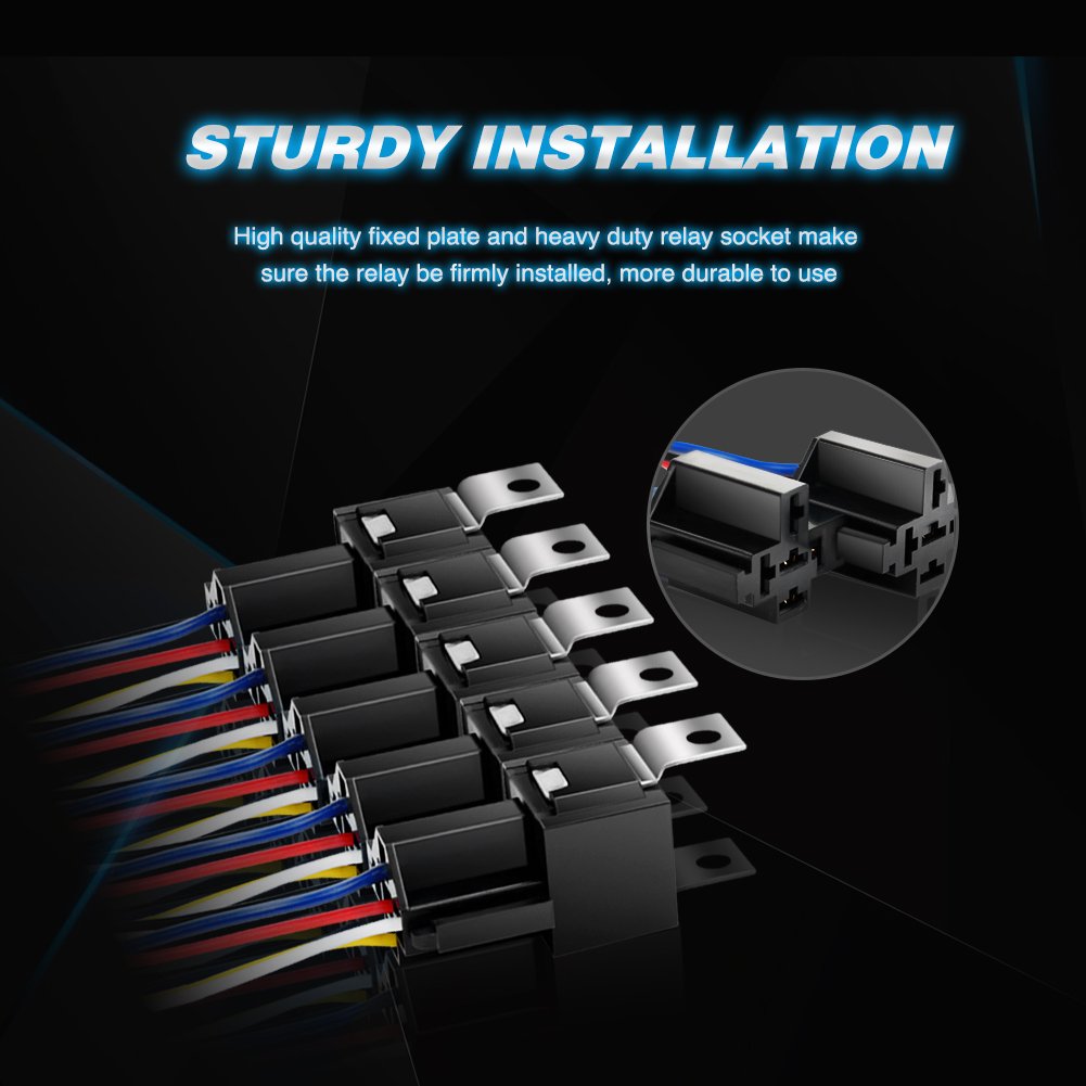 50003R Automotive Set 5-Pin 30/40A 12V SPDT with Interlocking Relay Socket and Wiring Harness-5 Pack, 2 Years Warranty