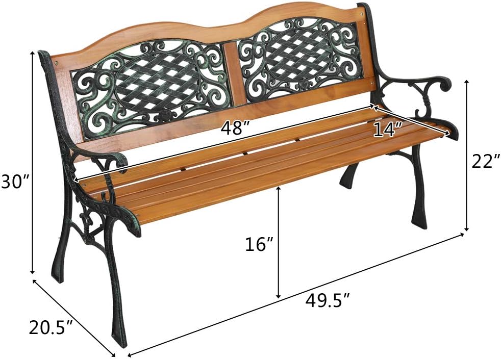 corp 49" Garden Bench Outdoor Patio Park Chair Furniture Natural Hardwood Slats Cast Bronze Iron Frame Curved