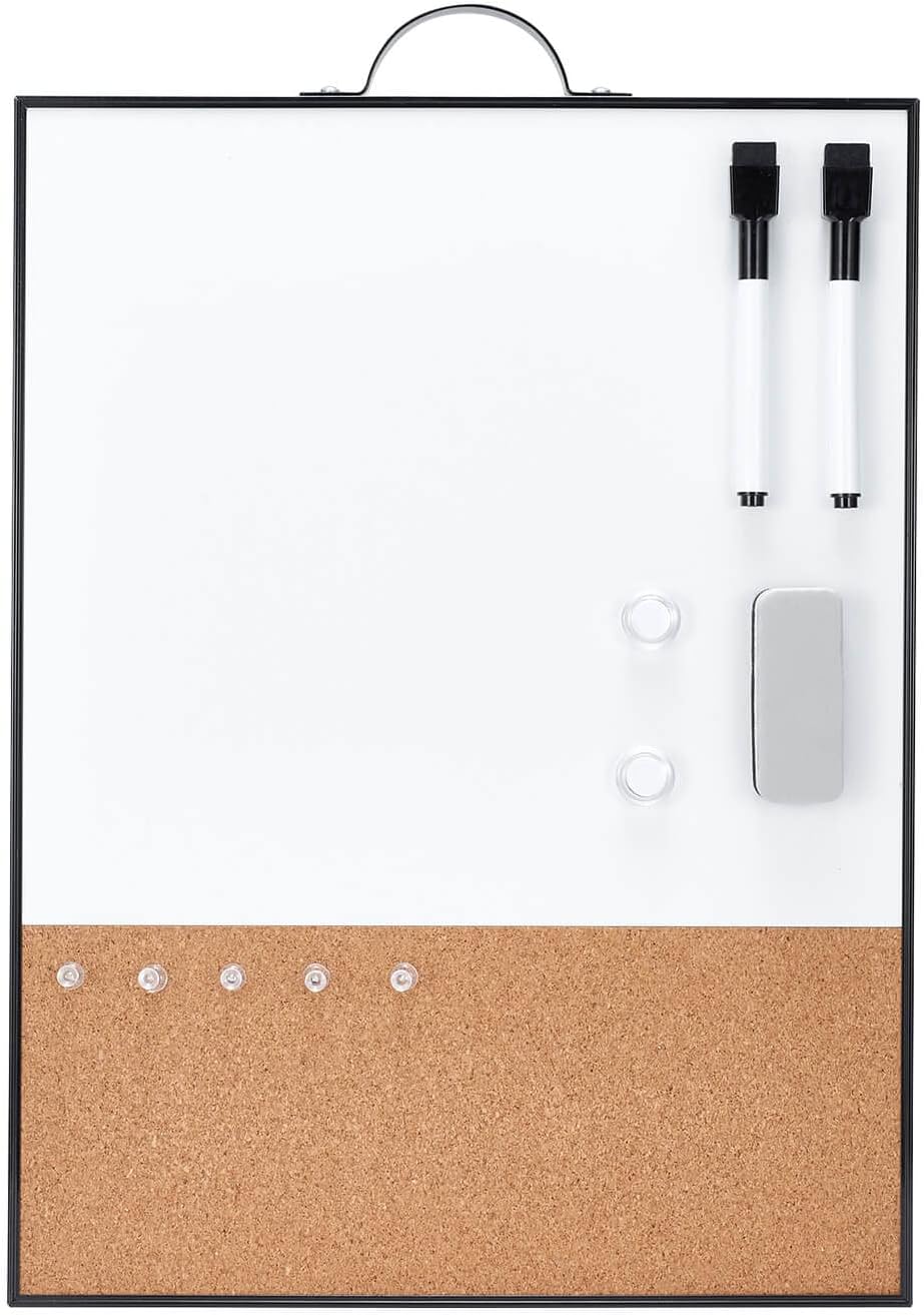 Small Whiteboard Cork-Board - 16" X 12" Portable Aluminum Black Framed Magnetic Dry Erase Board, Small Bulletin Cork