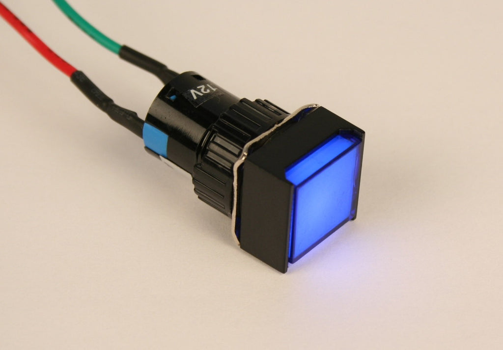 PilotLights 12 Volt DC Pilot Light, 17mm Square Panel Indicator Light - Blue LED, 12VDC