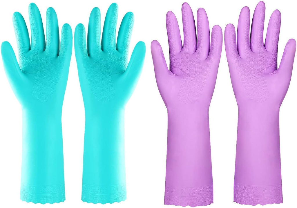 Reusable Dishwashing Cleaning Gloves with Latex free, Cotton lining,Kitchen Gloves 2 Pairs,Purple+blue Medium