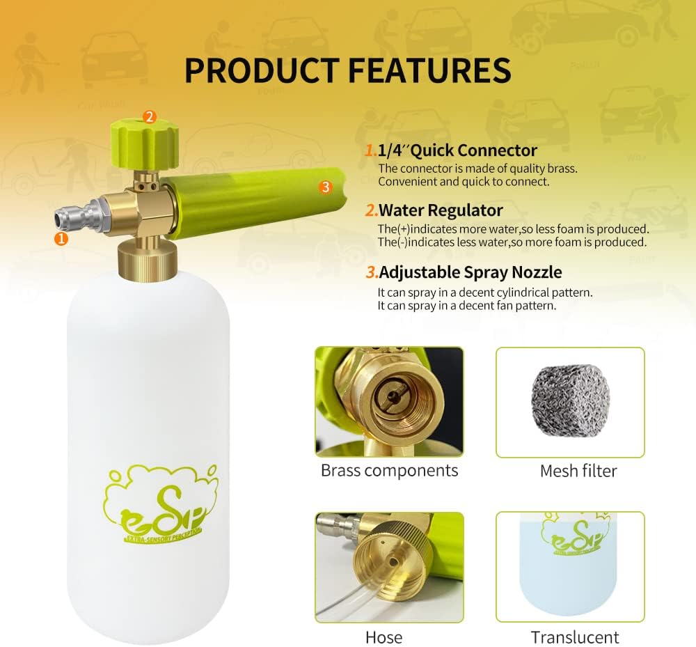 ESP Foam Cannon Snow Foam Lance Pressure Power Jet Washer Quick Release Adjustable Nozzle with 1 Liter Bottle Washing