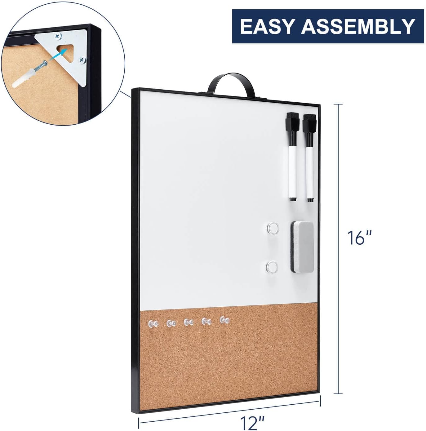 Small Whiteboard Cork-Board - 16" X 12" Portable Aluminum Black Framed Magnetic Dry Erase Board, Small Bulletin Cork
